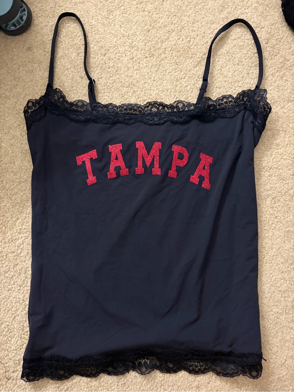 Black Lace-Trim Camisole with Red Tampa Logo